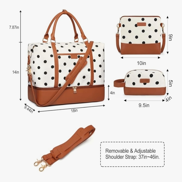 NWT Polka Dot Weekend Travel Bag Set in White & Brown - Picture 3 of 7